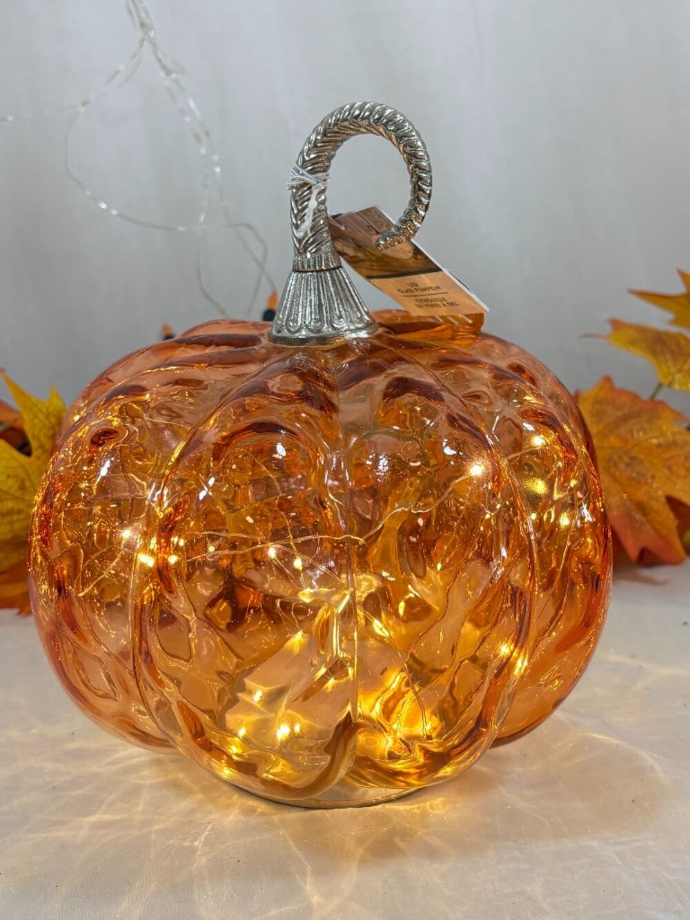 Shabby Chic Orange Amber Light up LED Glass Pumpkin Metal Stem Fall Decor New